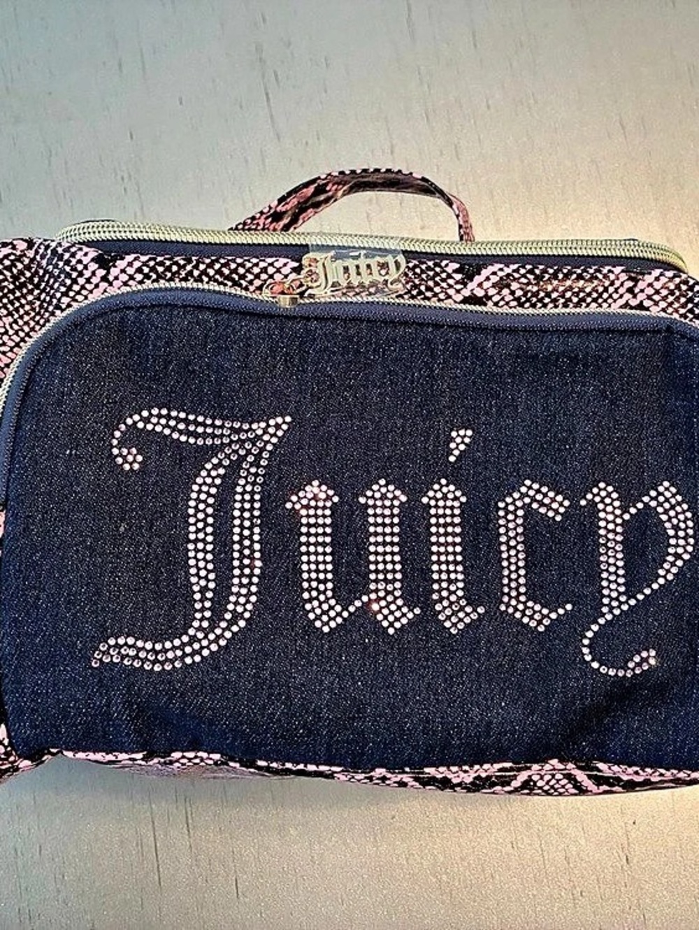 Juicy Couture Travel Cosmetic Bag Denim Pink Animal Print Denim Pink & Black
